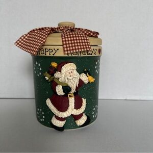 Happy Holidays Santa Claus Stoneware Cookie Jar with Lid Canister Crock 7.25 in
